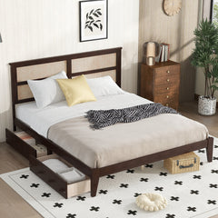 King Size Bed with Rattan Headboard, Two Storage Drawers, Rubber Wood Bed with Enhanced Support Slats and Feet,Espresso