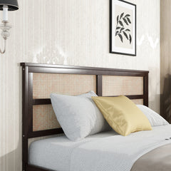 King Size Bed with Rattan Headboard, Two Storage Drawers, Rubber Wood Bed with Enhanced Support Slats and Feet,Espresso