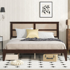 King Size Bed with Rattan Headboard, Two Storage Drawers, Rubber Wood Bed with Enhanced Support Slats and Feet,Espresso