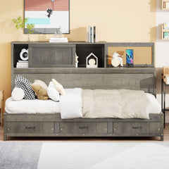 Twin Size Wooden Daybed with 3 Storage Drawers, Upper Soft Board, shelf, and a set of Sockets and USB Ports, Gray