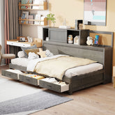 Twin Size Wooden Daybed with 3 Storage Drawers, Upper Soft Board, shelf, and a set of Sockets and USB Ports, Gray