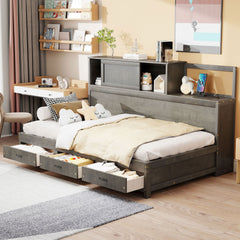 Twin Size Wooden Daybed with 3 Storage Drawers, Upper Soft Board, shelf, and a set of Sockets and USB Ports, Gray