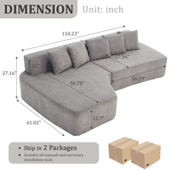 Compression Sectional Couch with Comfy Chaise,Irregular L-shaped compression sofa with deep seat, Minimalist Modular Couches Sleeper for Living Room Bedroom Apartment Lounge-LIGHT GREY