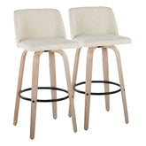 Toriano Fixed-Height Barstool in White Washed Wood and Cream Fabric with Round Black Metal Footrest by LumiSource - Set of 2