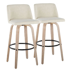 Toriano Fixed-Height Barstool in White Washed Wood and Cream Fabric with Round Black Metal Footrest by LumiSource - Set of 2