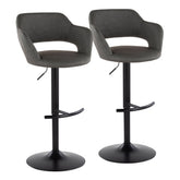 Margarite Contemporary Adjustable Barstool with Swivel in Black Metal and Grey Faux Leather with Rounded T Footrest by LumiSource - Set of 2