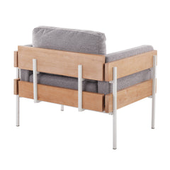 Kari Farmhouse Accent Chair in White Metal, Natural Wood, and Light Grey Fabric by LumiSource