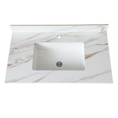 37 Inch Marble Vanity Top, Bathroom Vanity Top with Undermount Rectangular Middle Sink and 4" Height Backsplash, Pre-Drilled Faucet Hole Vanity Top, Carrara white with veins