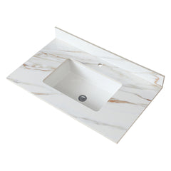 37 Inch Marble Vanity Top, Bathroom Vanity Top with Undermount Rectangular Middle Sink and 4" Height Backsplash, Pre-Drilled Faucet Hole Vanity Top, Carrara white with veins