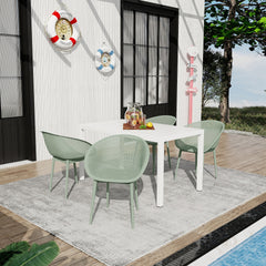 Holiday - 4-Pack Pale Green Modern Lounge Chairs – Indoor/Outdoor All-Weather PP Plastic with 55 Inch White Modern Long Table - Indoor/Outdoor- Lightweight PP Tabletop with Metal