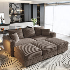 82.7 "Plush Corduroy 3-Seat Sofa,Modern Comfy Upholstered Sofa Cloud Couch,Deep Seat Couches with Soft Pillows and 3 Ottomans,Convertible Sofa Lounge Chair,Camel(Old SKU:W1885S00158)