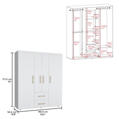 Bariloche Wardrobe, Multi-Section Storage with Hanging Rods, Shelves, and 2 Drawers White