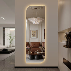 65" x 21" LED Full Length Wall Mirror, Irregular Shape Design, 3-Color Dimmable Lighting, 5mm Copper-Free Silver Glass, Hardwired or Plug-in, for Entryway, Bedroom & Salon