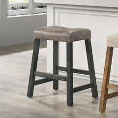 Rustic Backless Counter Stool Set of 2 – 25 Inch Wooden Farmhouse Barstool with Brown Leather Seat, Distressed Finish & Sturdy Frame – Space-Saving Counter-Height Seating for Kitchen & Bar