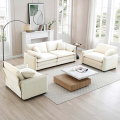 Luxurious and Sophisticated Sofa Set with Soft Cushions and Pillows, Sofa Set for Living Rooms and Clubs as well as Home Theaters, Consisting of Two Single Sofas and a 2-Seaters Sofas in Beige Cordur