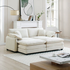 Two-Seater Theater Sofa with 2 Footrest, 2-Seater Sofa with Ottoman for Small Living Spaces, Beige Corduroy