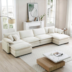 Over size U Shape Corduroy Sofa , Modern Upholstered 4 Seater Sofa with 2 Ottomans, Premium Soft Corduroy Fabric Sofa