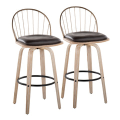 Riley 30" Industrial/Urban Fixed-Height Barstool with Swivel in White Washed Wood, Antique Copper Metal and Removable Brown Faux Leather Cushion by LumiSource - Set of 2
