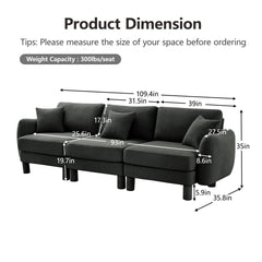Boucle Fabric 3-seater Sofa Couch With Distinctive Shell-shaped Armrests,Cylindrical Legs Wrapped with Self-fabric,Dark Grey Color