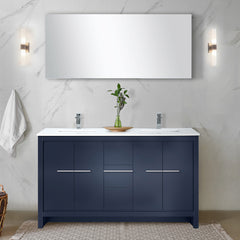 Navy Blue Double Bath Vanity 60 in. W x 20 in. D, Cultured Marble Top, Chrome Faucet Set and 55 in. Mirror