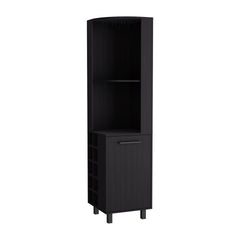 Kaia 70" Tall Corner Bar Cabinet With Four Shelves, Ten Wine Bottle Cubbies and Stemware in Black Wengue