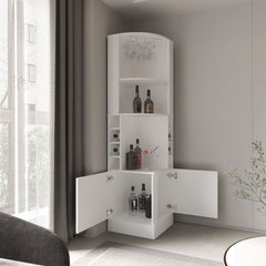 Kava Being Corner Bar Cabinet, Glass Rack, Double Door Cabinet, Eight Built-In Wine Rack, White