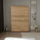 Ankora Armoire with 4 Doors, 2 Drawers, And 2 Hanging Rod, Storage Cabinet for Living Room, Bedroom, or Entryway, Natural Oak