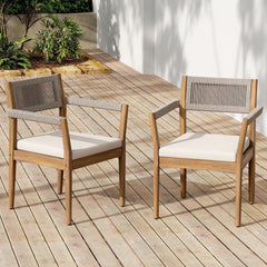 Braided Acacia Wood Outdoor Dining Chairs Set of 2 – Teak Look with Beige Rope & Cream Cushions, Armrests – All-Weather Patio Furniture for Garden, Poolside, and Backyard (Durable & Stylish)