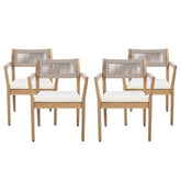 Braided Acacia Wood Outdoor Dining Chairs Set of 4 – Teak Look with Beige Rope & Cream Cushions, Armrests – All-Weather Patio Furniture for Garden, Poolside, and Backyard (Durable & Stylish)