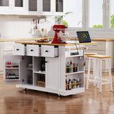 K&K 53inch Large Kitchen Island with 2 Bar Stools, Power Outlet,Door Internal Storage Rack, Kitchen Storage Cart on 5 Wheels with Drop Leaf, 5 Open Side Racks, 3 Drawers,White(Three Packages)