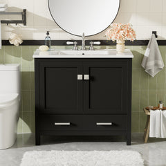 36" Black Bathroom Vanity with Ceramic Sink, Soft-Close Doors, Double Storage Shelves & Divided Drawer – Modern Bathroom Cabinet with Ample Storage