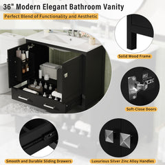 36" Black Bathroom Vanity with Ceramic Sink, Soft-Close Doors, Double Storage Shelves & Divided Drawer – Modern Bathroom Cabinet with Ample Storage
