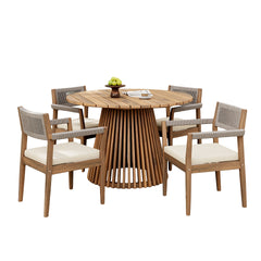 Patio Set Outdoor Acacia Wood Furniture Sets- Braided Dining Chairs(With Cream Cushion)and Patio Dining Table for Garden, Patio & Deck (Teak Look & Beige Rope)