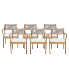 Braided Acacia Wood Outdoor Dining Chairs Set of 6 – Teak Look with Beige Rope & Cream Cushions, Armrests – All-Weather Patio Furniture for Garden, Poolside, and Backyard (Durable & Stylish)