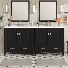 72" Black Bathroom Vanity with Ceramic Sink, Soft-Close Doors, Double Storage Shelves & Divided Drawer – Modern Bathroom Cabinet with Ample Storage