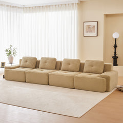 153" Modern Modular Sectional Sofa for Living Room, Corduroy Fabric,4-Seater Couch with Deep Seat, Pearl-like piping, Tufted Design, Buckle connection, No Assembly, Anti-slip Design, Camel