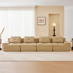 153" Modern Modular Sectional Sofa for Living Room, Corduroy Fabric,4-Seater Couch with Deep Seat, Pearl-like piping, Tufted Design, Buckle connection, No Assembly, Anti-slip Design, Camel