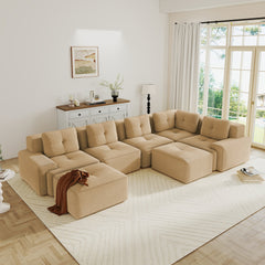 Modular Sectional Sofa with 5-Seater,V Shaped Corner Couch,Corduroy Fabric,2 Movable Ottomans, Deep Seat for Living Room, Pearl-like piping, Tufted Design, No Assembly, Anti-slip Design,Camel