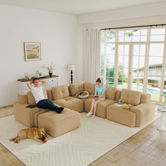 Modular Sectional Sofa with 5-Seater,V Shaped Corner Couch,Corduroy Fabric,2 Movable Ottomans, Deep Seat for Living Room, Pearl-like piping, Tufted Design, No Assembly, Anti-slip Design,Camel