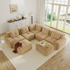 Modular Sectional Sofa with 5-Seater,V Shaped Corner Couch,Corduroy Fabric,2 Movable Ottomans, Deep Seat for Living Room, Pearl-like piping, Tufted Design, No Assembly, Anti-slip Design,Camel