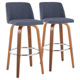 Toriano 30" Mid-Century Modern Fixed-Height Barstool with Swivel in Walnut Wood and Blue Fabric with Round Chrome Metal Footrest by LumiSource - Set of 2