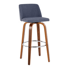 Toriano 30" Mid-Century Modern Fixed-Height Barstool with Swivel in Walnut Wood and Blue Fabric with Round Chrome Metal Footrest by LumiSource - Set of 2