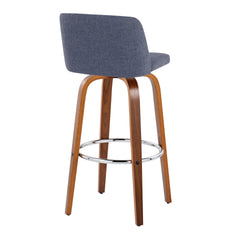 Toriano 30" Mid-Century Modern Fixed-Height Barstool with Swivel in Walnut Wood and Blue Fabric with Round Chrome Metal Footrest by LumiSource - Set of 2
