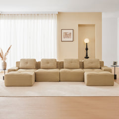153" Modern U-Shaped Modular Sectional Sofa for Living Room, Corduroy Fabric,4-Seater Couch with Deep Seat and 2-Movable Ottoman,Pearl-like piping, Tufted Design, No Assembly, Anti-slip Design,Camel