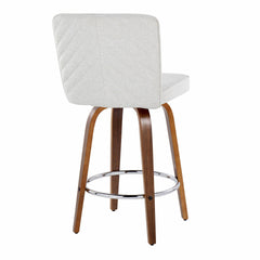 Henry 26" Contemporary Fixed-Height Counter Stool with Swivel in Walnut Wood and White Fabric with Round Chrome Footrest by LumiSource - Set of 2