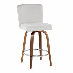 Henry 26" Contemporary Fixed-Height Counter Stool with Swivel in Walnut Wood and White Fabric with Round Chrome Footrest by LumiSource - Set of 2