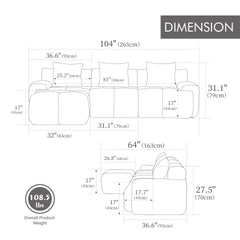 104.3" 4-Piece L Shaped Upholstered Modular Sectional Sofa, Oversized 3-Seater Boneless Convertible Cloud Tufted Couch Set with Deep Seat & Movable Ottoman 3 Pillows for Living Room,No Assembly, Taupe