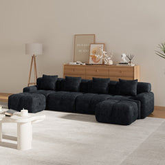 135.4" 6-Piece U-Shaped Sleeper Modular Sectional Sofa Bed Chaise Oversized 4-Seater Boneless Convertible Block Cloud Tufted Floor Corner Couch Set with 2 Ottomans & 4 Pillows for Living Room,Charcoal