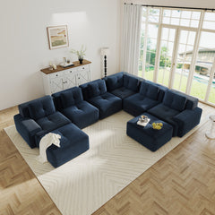 Modular Sectional Sofafor Living Room, 6-Seater Corner Sofa, Big Comfy Corduroy V Shaped Couch with 2 Movable Ottomans,Pearl-like piping, Tufted Design, No Assembly, Anti-slip Design,Blue