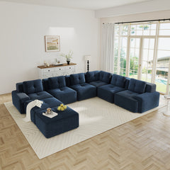 Modular Sectional Sofafor Living Room, 6-Seater Corner Sofa, Big Comfy Corduroy V Shaped Couch with 2 Movable Ottomans,Pearl-like piping, Tufted Design, No Assembly, Anti-slip Design,Blue